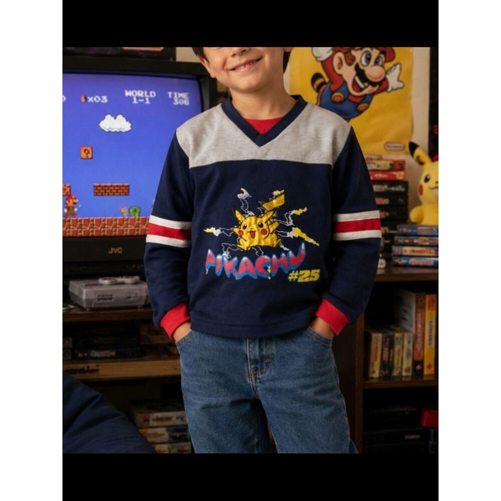 Vtg 90s Pokémon Pikachu #25 Fleece Hockey Jersey 6 Sweatshirt Blue Red